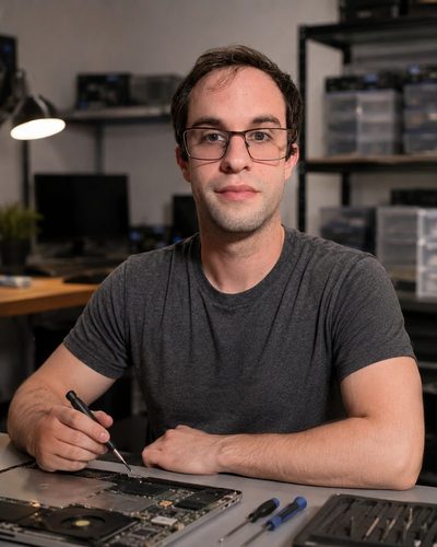Travis repairing a laptop at the Refit Computing workbench in Lake County